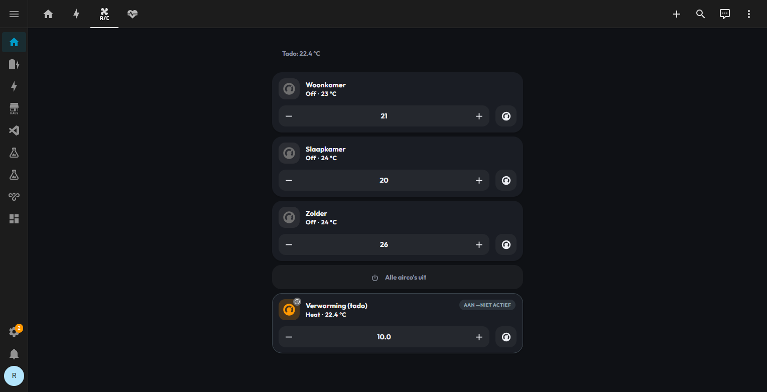 Home Assistant "Home" dashboard, Airco tab: per-room aircon setpoints, Tado heating status, and an all-off button